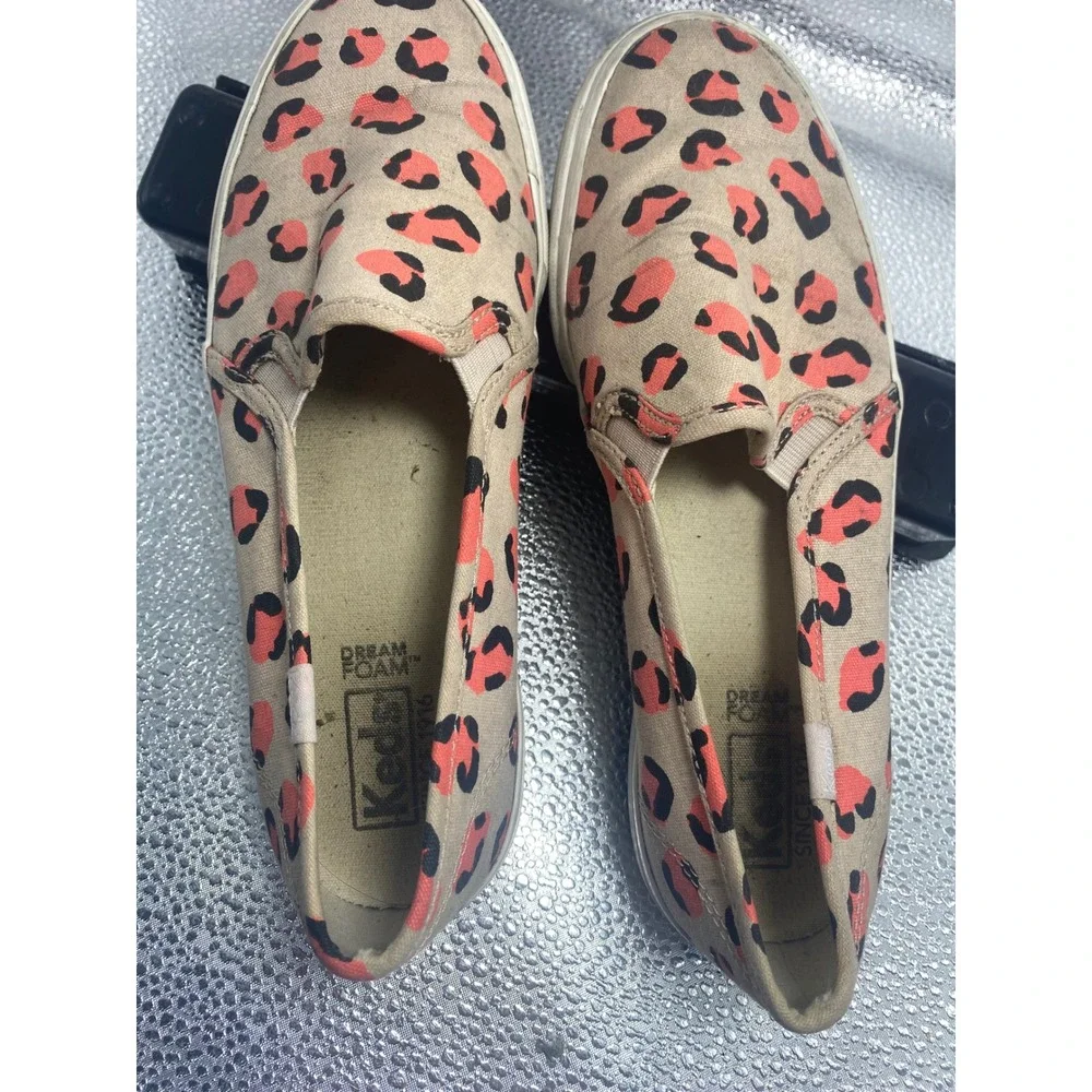 Keds Dream Foam Leopard Print Slip On Sneakers Tan Coral Pink Animal Canvas